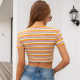 Cropped Navel Cross V-Neck Short Sleeve Striped T-Shirt Top Women