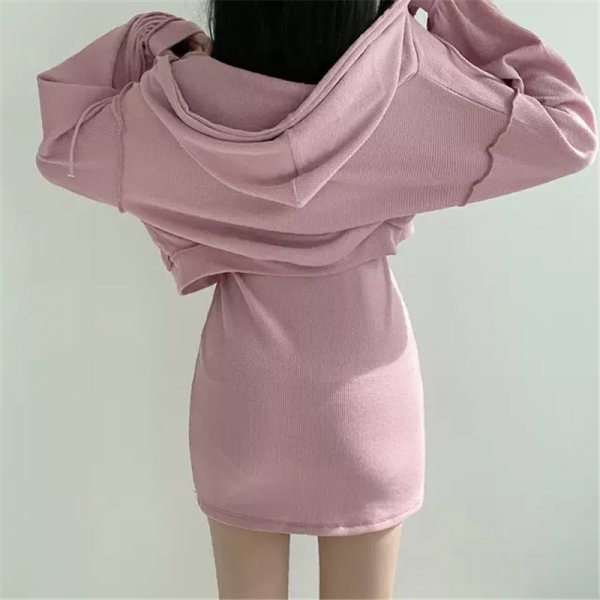 Women Solid Set High Waist Slim Mini Dress Hooded Zipper Short Long Sleeve Sweater Cardigan Suit