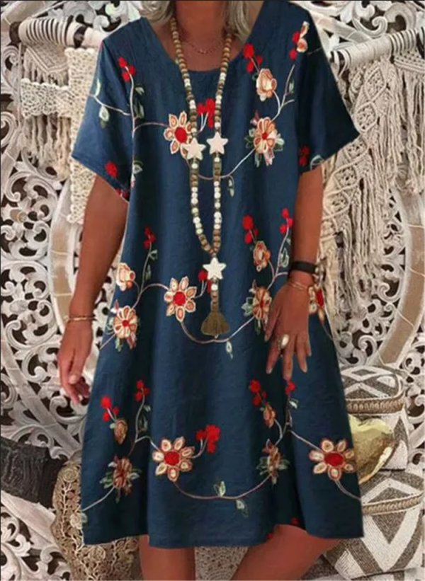 Printed Short Sleeve Round Neck Fashion All Match Dress Women