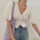 Korea Chic Gentle Temperament V-neck Chic Single-breasted Waist Short Puff Sleeve Hollow Knit Top Women