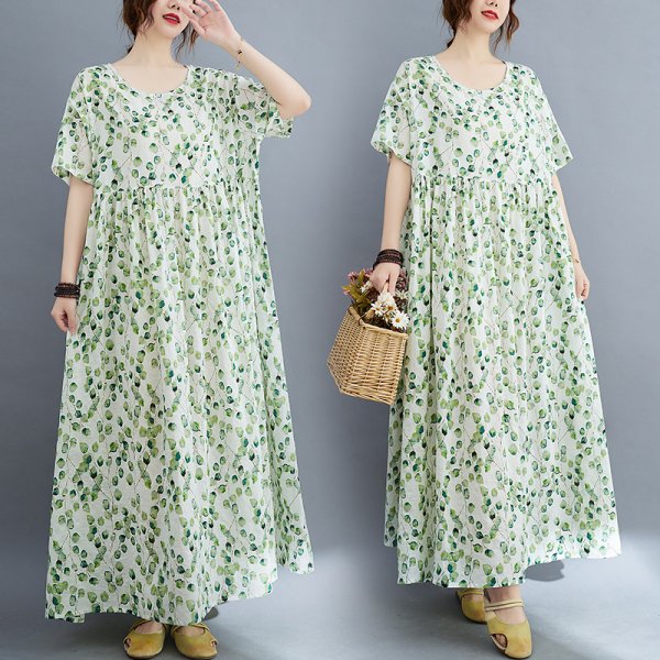 Artistic Large Size Fat Plus-sized Plus-sized Printed Short Sleeve Dress For Women