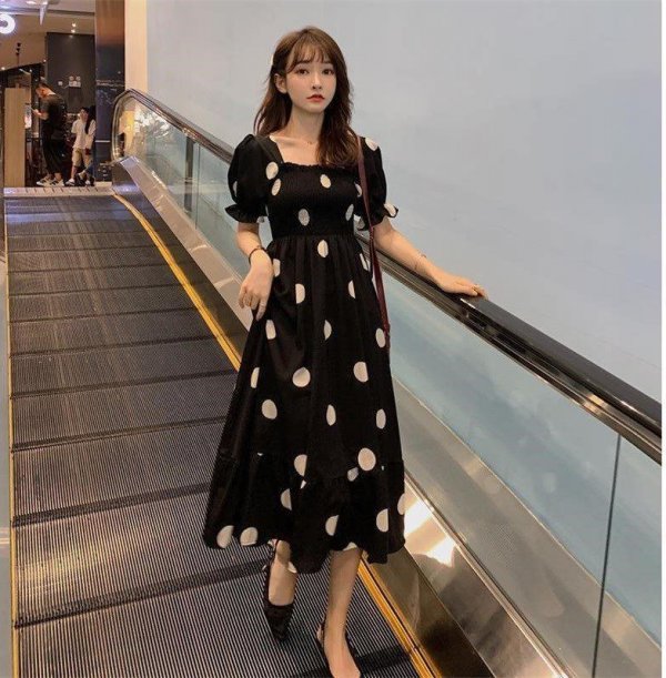 Polka Dot Dress Women"s Neck Bubble Sleeve Waist Slim A-line Skirt Mid Long Short Sleeve Dress Summer